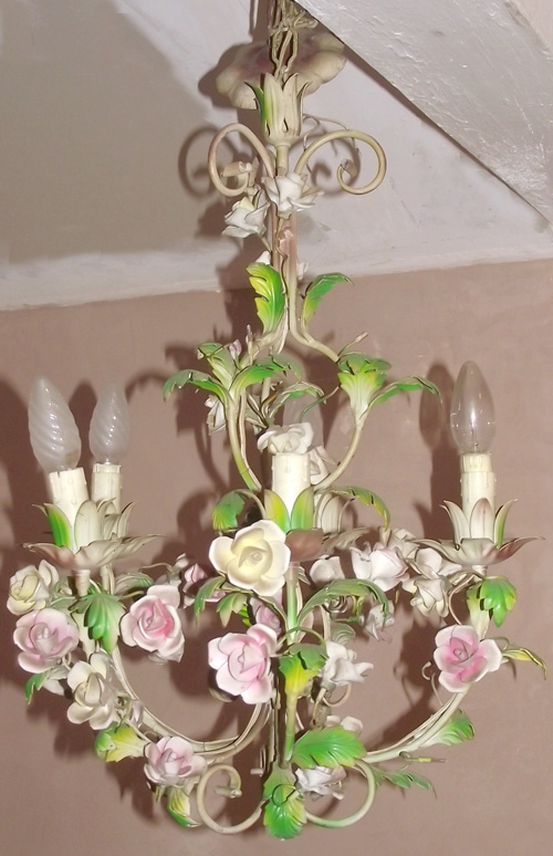 toleware chandelier with ceramic roses